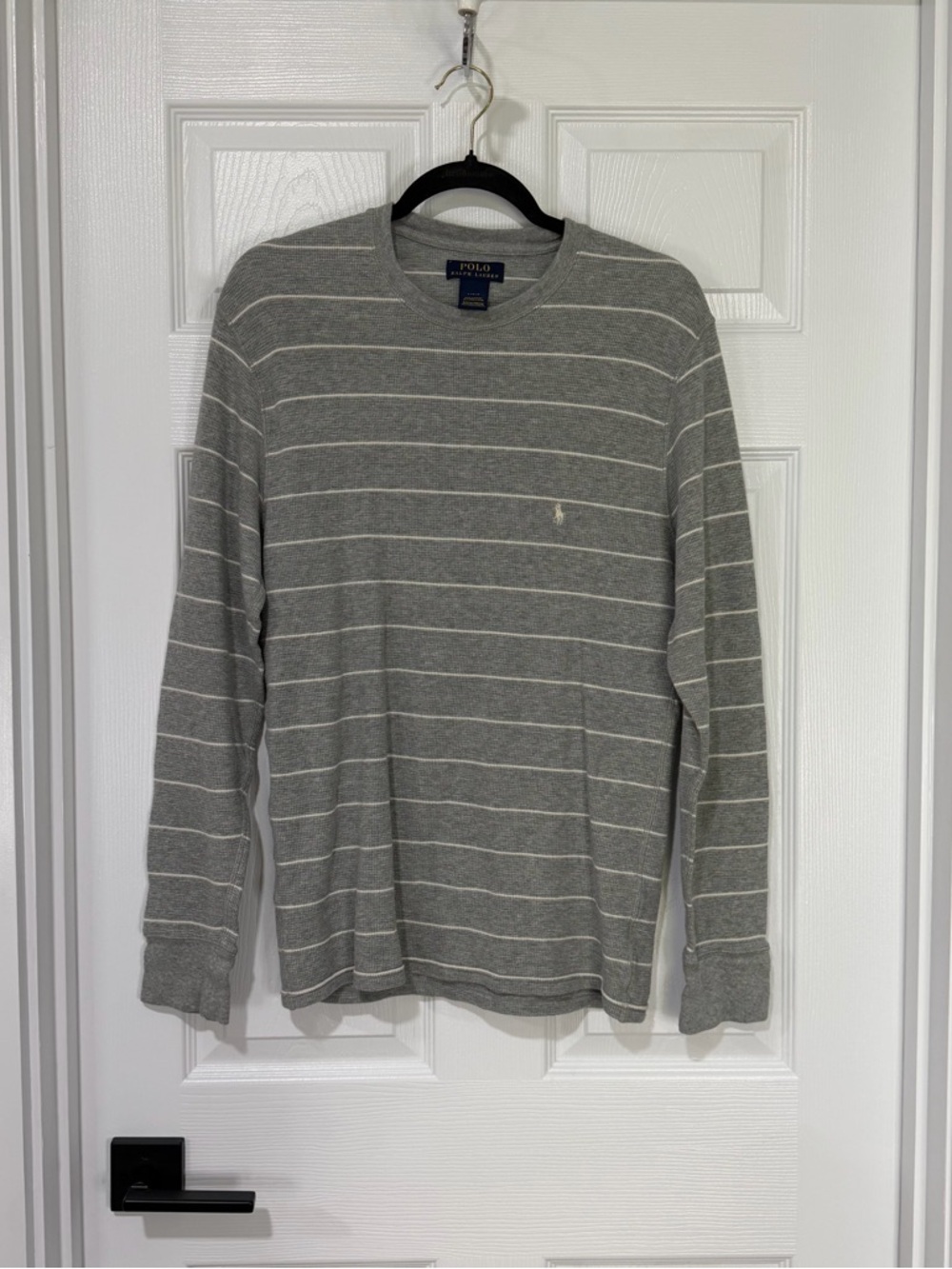 Polo by Ralph Lauren Gray and White Striped Long Sleeve Crewneck Shirt